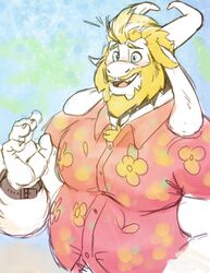  aloha_shirt anthro asgore_dreemurr beard blonde_hair blue_eyes blush body_hair boss_monster_(undertale) bovid caprine chest_hair clock clothed clothing dress_shirt facial_hair fur hair horn kihu long_ears male mammal mature_anthro mature_male moustache open_mouth overweight overweight_anthro overweight_male pattern_clothing pattern_shirt pattern_topwear shirt simple_background smile solo tongue topwear undertale undertale_(series) watch white_body white_fur wristwatch 