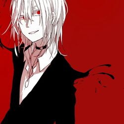  1boy accelerator_(toaru_majutsu_no_index) albino choker commentary_request formal male_focus red_background red_eyes red_theme smile solo suit toaru_majutsu_no_index toooka white_hair 