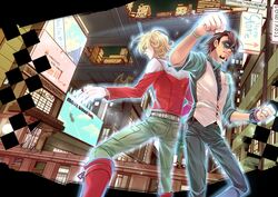  2boys bad_id bad_pixiv_id barnaby_brooks_jr. blonde_hair blue_eyes boots bracelet brown_hair cabbie_hat facial_hair glasses glowing hat jacket jewelry kaburagi_t._kotetsu mask mori-003 multiple_boys necktie red_jacket stubble tiger_&amp;_bunny vest waistcoat watch wristwatch 