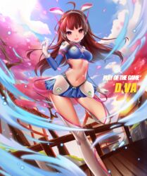  adapted_costume ahoge animal_ears animal_print architecture bad_id bad_pixiv_id blue_skirt blue_sky boots bracer breasts brown_eyes brown_hair cherry_blossoms cloud commentary_request contrapposto crop_top d.va_(overwatch) day east_asian_architecture facepaint facial_mark fake_animal_ears female frilled_skirt frills gloves headphones high_collar highres leg_up lens_flare light_particles littleamber long_hair long_sleeves looking_at_viewer medium_breasts midriff miniskirt navel open_mouth outdoors overwatch overwatch_1 petals play_of_the_game rabbit_print railing shoulder_pads skin_tight skirt sky smile solo standing standing_on_one_leg swept_bangs thigh_boots thighhighs tree whisker_markings white_gloves white_thighhighs 