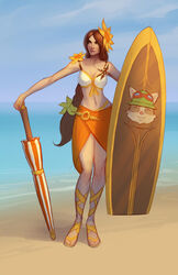  beach bikini brown_hair female flower hair_flower hair_ornament highres league_of_legends leona leona_(league_of_legends) long_hair official_art orange_eyes solo swimsuit umbrella 