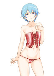  aoki_kanji arm_at_side bare_arms bare_shoulders blue_eyes blue_hair closed_mouth commentary_request contrapposto corset cowboy_shot female fingernails flat_chest goutokuji_kayo hair_between_eyes hand_on_own_chest looking_at_viewer navel panties red_panties sabagebu! simple_background skindentation solo standing underwear white_background 