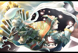  2girls adapted_costume armor bug butterfly chrysanthemum_print closed_eyes commentary_request dual_wielding embellished_costume floral_print fujinohara_akihira gate genjiguruma ghost glowing glowing_butterfly goshoguruma hat holding holding_sword holding_weapon japanese_armor katana konpaku_youmu konpaku_youmu_(ghost) kusazuri letterboxed multiple_girls pink_hair profile reverse_grip running saigyouji_yuyuko saigyouji_yuyuko&#039;s_fan_design scabbard sheath short_hair suneate sword touhou triangular_headpiece wakizashi weapon white_hair 