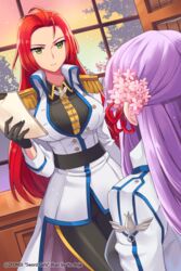  2girls anje bad_id bad_pixiv_id breasts commentary_request flower from_behind gloves green_eyes hair_flower hair_ornament jaina_preventer large_breasts long_hair multiple_girls paper pintail_(sword_girls) red_hair sunset sword_girls taut_clothes uniform window 