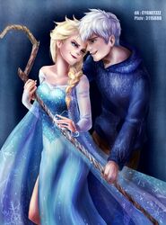  artist_name bare_shoulders blonde_hair blue blue_eyes braid breasts couple crossover dress elsa_(frozen) female frozen_(disney) hakuno_shigeru highres hood hoodie jack_frost_(rise_of_the_guardians) long_hair long_sleeves looking_at_another magic power_connection queen rise_of_the_guardians side_slit single_braid smile snowflake_print staff straight white_hair 