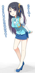  :d arm_behind_back arm_grab armband black_hair blue_flower blue_footwear blue_rose blue_skirt blue_vest blush chinese_commentary chinese_text commentary_request female flower full_body hair_ornament hatsunatsu head_tilt high_heels highres krt_girls leaning_forward long_hair long_sleeves looking_at_viewer one_side_up open_mouth pencil_skirt purple_eyes rose shirt shoes skirt smile solo standing standing_on_one_leg tile_floor tiles traditional_chinese_text translation_request very_long_hair vest white_background white_shirt xiao_qiong 