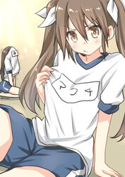  2girls absurdres artist_name blush breast_envy brown_eyes brown_hair chikuma_(kancolle) commentary_request gym_uniform head_up_shirt highres kantai_collection long_hair looking_at_viewer multiple_girls name_tag ryuki_(ryukisukune) shirt shorts sitting tone_(kancolle) translation_request twintails 