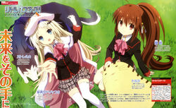  2girls absurdres blonde_hair blue_eyes bow brown_hair canine cape dengeki_g&#039;s doruji feline grass hat highres little_busters! little_busters!_school_uniform magazine_scan multiple_girls natsume_rin noumi_kudryavka official_art outstretched_hand pink_bow ponytail red_eyes scan school_uniform strelka thighhighs yoshida_yuuko_(animator) 