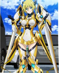  blonde_hair boots female green_eyes mecha_musume ore_twintail_ni_narimasu screencap shindou_erina solo tail_yellow tailyellow thigh_boots thighhighs twintails 