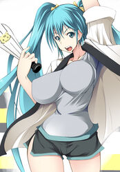  aqua_eyes aqua_hair bad_id bad_pixiv_id breasts covered_nipples eyebrows eyelashes female gengoroh grey_shorts hanshin_tigers hatsune_miku holding huge_breasts impossible_clothes impossible_shirt long_hair looking_at_viewer nippon_professional_baseball open_mouth shirt shorts simple_background solo standing teeth thick_thighs thighs tongue twintails very_long_hair vocaloid white_background wide_hips 