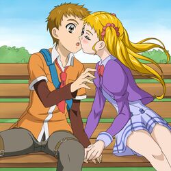  amai_shirou bench blonde_hair couple hand_holding kasugano_urara kasugano_urara_(yes!_precure_5) kissing precure pretty_cure school_uniform yes!_precure_5 yes!_pretty_cure_5 