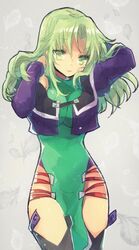  arms_up banned_artist boots breasts dress green_eyes green_hair impossible_clothes impossible_dress jacket lamia_loveless large_breasts long_hair looking_at_viewer nunuko_(mu661129) solo super_robot_wars super_robot_wars_advance super_robot_wars_advance_portable super_robot_wars_original_generation thigh_boots thighhighs 