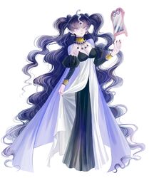  absurdly_long_hair bad_id bad_pixiv_id bishoujo_senshi_sailor_moon bishoujo_senshi_sailor_moon_supers breasts cape cleavage detached_sleeves double_bun earrings female full_body hair_bun jewelry long_hair medium_breasts mirror nail_polish nehelenia_(sailor_moon) pambabam pointy_ears puffy_sleeves red_nails solo twintails very_long_hair 