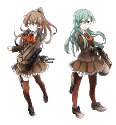  2girls aqua_eyes aqua_hair armor ascot brown_hair commentary_request flight_deck frilled_skirt frills hair_ornament hairclip kantai_collection kumano_(kancolle) long_hair multiple_girls pauldrons ponytail ryukadomatsu school_uniform shoulder_armor skirt suzuya_(kancolle) thighhighs turret white_background zettai_ryouiki 