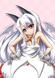  albino armpits black_sclera checkered_background colored_sclera commentary_request cuffs demon_girl dress earrings female hands_on_own_hips highres horns jewelry long_hair phantom_kingdom pink_background pointy_ears pram_(phantom_kingdom) red_eyes roura shackles solo white_dress white_hair 