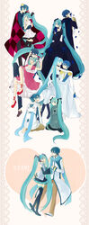  1boy absurdres aqua_eyes aqua_hair blue_eyes blue_hair blue_scarf cantarella_(vocaloid) cendrillon_(vocaloid) commentary_request couple crazy_clown_(vocaloid) crown detached_sleeves dress female flower formal hatsune_miku headset highres holding_hands kaito_(vocaloid) knife long_hair mask mui necktie open_mouth petals scarf skirt songover straight thighhighs twintails very_long_hair vocaloid world_is_mine_(vocaloid) 