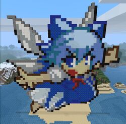  blue_bow blue_dress blue_eyes blue_hair bow cirno commentary_request dress female game_screenshot hairbow ice minecraft noob4u pixel_art self-upload solo structure touhou touhou_ningyougeki wings 