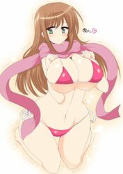  bad_id bad_pixiv_id bikini breasts brown_hair female green_eyes huge_breasts long_hair matsumi_yuu red_bikini saki_(manga) saki_achiga-hen scarf sitting solo swimsuit trembling wariza wedge_(tyrl_stride) 