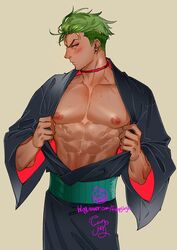  1boy abs bara bare_pectorals blush commentary_request dark-skinned_male dark_skin food funpjinju green_hair japanese_clothes kimono kimono_pull king_of_prism king_of_prism_by_prettyrhythm korean_commentary large_pectorals looking_at_viewer male_focus muscular muscular_male nipples pectorals pink_eyes pretty_rhythm pretty_series signature simple_background solo tan_background yamato_alexander 