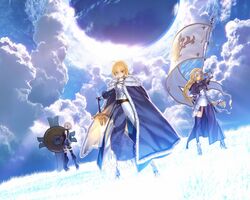  3girls ahoge armor armored_dress artoria_pendragon_(fate) bare_shoulders black_thighhighs blonde_hair blue_cape boots braid breasts cape capelet chains cloud cloudy_sky cropped elbow_gloves excalibur_(fate/stay_night) fallstreak_hole fate/apocrypha fate/grand_order fate/stay_night fate_(series) faulds flag fur_trim gloves glowing glowing_sword glowing_weapon grass green_eyes grey_eyes headpiece highres jeanne_d&#039;arc_(fate) jeanne_d&#039;arc_(ruler)_(fate) long_hair mash_kyrielight medium_breasts multiple_girls official_art outdoors pink_hair polearm purple_eyes saber_(fate) shield short_hair single_braid sky spear sunlight sword takeuchi_takashi thigh_strap thighhighs third-party_edit weapon 