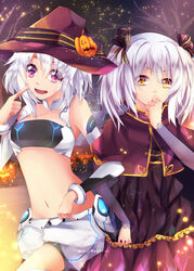  2girls alpha_(acerailgun) android artist_name borrowed_character capelet cecilia_(acerailgun) commentary commission covering_own_mouth cowboy_shot detached_sleeves english_commentary hair_ribbon halloween hat heterochromia highres jack-o&#039;-lantern long_sleeves midriff multiple_girls navel original photoshop_(medium) pink_eyes ribbon squchan tree twintails white_hair witch witch_hat yellow_eyes 