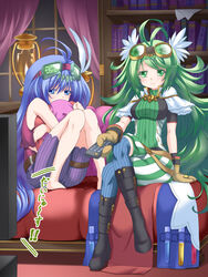  2girls ahoge alchemic_magician barefoot blue_hair boots commentary_request crossed_legs duel_monster goggles green_hair kirisawa_tokito long_hair multiple_girls photoshop_(medium) sitting slacker_magician yu-gi-oh! 