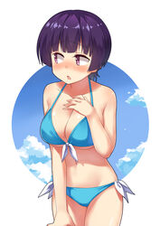  bikini blue_bikini blush breasts circle cleavage commentary cowboy_shot eromanga_sensei female front-tie_top highres large_breasts looking_away open_mouth photoshop_(medium) purple_eyes purple_hair senju_muramasa short_hair side-tie_bikini_bottom solo subaru_(794829485) swimsuit symbol-only_commentary white_background 