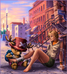  1boy blonde_hair breasts candra commentary crossover english_commentary female heather_mason highres jacket miniskirt one_piece short_hair silent_hill_(series) silent_hill_3 skirt sleeveless sleeveless_turtleneck smile tony_tony_chopper turtleneck vest 