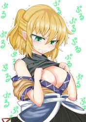  angry blonde_hair blush breasts cleavage clothes_lift commentary_request crying crying_with_eyes_open embarrassed eyes_visible_through_hair fang_out female green_eyes highres kokoperiiche large_breasts mizuhashi_parsee oerba_yun_fang paru_paru pointy_ears ponytail robe shirt shirt_lift skirt sleeveless sleeveless_shirt solo sound_effects_only tears touhou translated trembling tsurime undershirt 