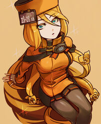  aqua_eyes black_pantyhose blonde_hair commentary_request crossed_legs dress female guilty_gear guilty_gear_xrd hat kuroshin long_hair looking_up millia_rage orange_dress orange_hat pantyhose russian_clothes sitting solo very_long_hair 