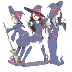  3girls akko_kagari blonde_hair blue_eyes boots broom brown_eyes brown_hair dress eyeliner freckles glasses green_eyes grey_hair grin hat highres little_witch_academia lotte_yanson makeup multiple_girls open_mouth orange_hair purple_eyes red_eyes school_uniform short_hair simple_background skull smile sucy_(little_witch_academia) sucy_manbabalan thigh_boots thighhighs uniform wand white_background witch witch_hat 