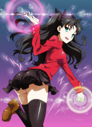  ass black_hair black_thighhighs commentary_request fate/stay_night fate_(series) female gem ginmaru green_eyes hair_ribbon highres long_hair looking_at_viewer open_mouth ribbon skirt solo thighhighs tohsaka_rin two_side_up 