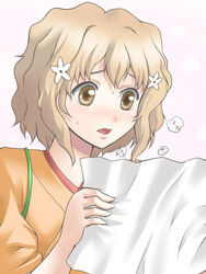  blush brown_eyes brown_hair commentary_request embarrassed female flower hair_flower hair_ornament hanasaku_iroha japanese_clothes kissuisou_uniform matsumae_ohana nakai_(waitress) open_mouth paper reading short_hair solo tasuki yaso_shigeru 