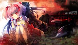  2girls akemi_homura akemi_homura_(magical_girl) back-to-back bad_id bad_pixiv_id black_hair black_pantyhose blood blood_stain choker cover cover_page covering_own_ears cross from_behind gloves glowing glowing_eyes graveyard hair_over_eyes hair_ribbon hairband kaname_madoka kaname_madoka_(magical_girl) kyuubee leaf long_hair looking_back magical_girl mahou_shoujo_madoka_magica mahou_shoujo_madoka_magica_(anime) moon multiple_girls pantyhose pink_eyes pink_hair puffy_sleeves red_eyes red_moon red_sky ribbon short_hair sitting sky soul_(tamashii) tears tombstone twintails white_gloves white_legwear 