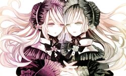  2girls blonde_hair dress green_eyes hortense lolita_fashion polychromatic purple_eyes sound_horizon violette wiriam07 