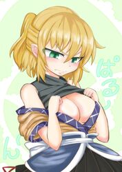  blonde_hair blush breasts cleavage clothes_lift commentary_request eyes_visible_through_hair fang_out female green_eyes highres jealous kokoperiiche large_breasts mizuhashi_parsee oerba_yun_fang paru_paru pointy_ears ponytail robe shirt shirt_lift skirt sleeveless sleeveless_shirt solo sound_effects_only touhou translated tsurime undershirt 