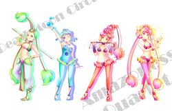  4girls amazons_quartet armpits ball bikini bikini_top_only bindi bishoujo_senshi_sailor_moon bishoujo_senshi_sailor_moon_supers blue_eyes blue_hair blue_legwear blue_leotard bow bracelet breasts cerecere_(sailor_moon) choker commentary_request cue_stick earrings flower full_body green_eyes green_hair grin group_picture hair_bun hair_ornament hair_rings hairbow hairpin high_ponytail jewelry junjun_(sailor_moon) leggings leotard light_blue_hair long_hair medium_breasts midriff multi-tied_hair multiple_girls multiple_hair_bows navel necklace pallapalla_(sailor_moon) pants petals pink_eyes pink_flower pink_hair pink_legwear pink_rose ponytail red_eyes red_hair red_legwear rose sandals see-through shoes short_hair single_hair_bun skirt smile swimsuit torao_(torakmn) twintails vesves_(sailor_moon) whip white_background wrist_cuffs yellow_bow 