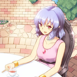  blue_hair bracelet brick_wall chair collarbone commentary cup female flower formal highres jewelry necklace open_mouth orinpachu outdoors pavement pearl_necklace pinky_out pointy_ears remilia_scarlet running_bond sitting smile solo table tea teacup touhou 