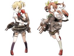  2girls ahoge alternate_eye_color bike_shorts black_legwear blonde_hair commentary_request full_body gloves grey_legwear hair_ribbon kagerou_(kancolle) kantai_collection kneehighs long_hair looking_at_viewer maikaze_(kancolle) multiple_girls neck_ribbon orange_hair pleated_skirt ponytail purple_eyes ribbon ryukadomatsu school_uniform serafuku shoes short_sleeves shorts shorts_under_skirt sidelocks skirt socks turret twintails vest white_background white_gloves yellow_eyes 