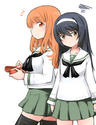  2girls black_hair black_legwear blush brown_eyes brown_hair commentary_request girls_und_panzer glasses glasses_case green_skirt hairband long_hair looking_at_viewer multiple_girls ooarai_school_uniform orange_hair pleated_skirt reizei_mako school_uniform serafuku short_hair skirt smile takebe_saori thighhighs tsuchii_(ramakifrau) yellow_eyes 