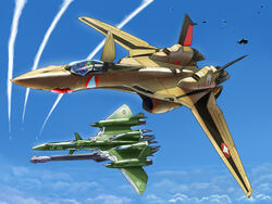  1boy aircraft airplane armor canards cannon cloud commentary_request contrail day energy_cannon fighter_jet fleet flying gunpod helmet insignia inui_(jt1116) isamu_dyson jet macross macross_frontier macross_galaxy macross_plus military military_vehicle n.u.n.s. pilot_suit roundel science_fiction spacesuit u.n._spacy variable_fighter vehicle_focus vf-27 yf-19 