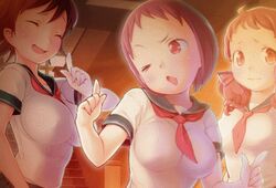  3girls animated animated asahina_madoka blush bouncing_breasts breasts brown_hair green_eyes looking_at_viewer lowres multiple_girls nanase_kaori red_eyes rondo_duo saito_youko tinkle_bell 