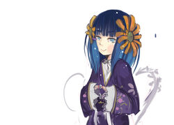  bad_id blue_eyes blue_hair chiyo_(fragile) female flat_chest flower fragile:_sayonara_tsuki_no_haikyo hair_flower hair_ornament japanese_clothes kimono long_hair looking_at_viewer nail_polish panties_(pantsu-pirate) red_nails sleeves_past_wrists smile solo 