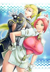  2girls beatrice_(rumble_fish) blonde_hair breasts earrings formal garnet_(rumble_fish) gloves green_eyes heterochromia jewelry large_breasts long_hair miniskirt multiple_girls pink_hair ponytail rumble_fish saturn-freak short_hair sideboob skirt smile suit wink zipper 