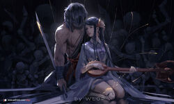  1boy bandaged_arm bandages black_hair cello closed_mouth commentary doll_joints dungeon_and_fighter earrings english_commentary female hair_over_eyes highres holding holding_instrument holding_sword holding_weapon hoop_earrings instrument iris_fortune_singer japanese_clothes jewelry joints kimono kneeling lips long_hair long_sleeves marionette music patreon_logo patreon_username playing_instrument puppet puppet_strings red_eyes red_lips reverse_grip seiza siran sitting sword topless_male weapon wlop 