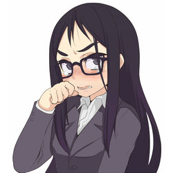  angry black_eyes black_hair blush commentary_request female formal glasses highres long_hair office_lady original oza_watto solo suit tears 