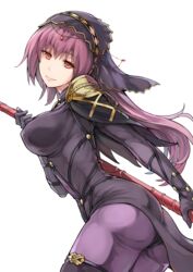  armor ass bodysuit breasts commentary covered_navel fate/grand_order fate_(series) female gae_bolg_(fate) large_breasts long_hair looking_at_viewer pauldrons polearm purple_bodysuit purple_hair red_eyes scathach_(fate) shoulder_armor simple_background smile solo spear veil weapon white_background yuugiri_(u-slash) 