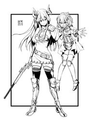  alpha_(acerailgun) android armor armored_boots belt boots borrowed_character breasts cleavage dress erica_(acerailgun) eudetenis full_body greaves greyscale gun height_difference highres horns long_hair monochrome multiple_girls original outstretched_arm rifle robot_joints single_spaulder small_breasts smile thigh_boots thighhighs vambraces weapon zettai_ryouiki 