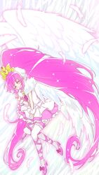  absurdly_long_hair aino_megumi alternate_costume alternate_form angel_wings bad_id bad_pixiv_id boots brooch closed_eyes crown cure_lovely female happinesscharge_precure! heart heart_brooch hyakucha jewelry long_hair magical_girl open_mouth pink_hair ponytail precure skirt solo super_happiness_lovely thigh_boots thighhighs very_long_hair wide_ponytail wings wrist_cuffs 