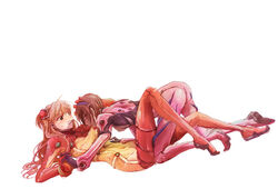  2girls angry ass biting blue_eyes blush bodysuit commentary_request evangelion:_2.0_you_can_(not)_advance glasses grin hair_ornament hairband holding_hands long_hair makinami_mari_illustrious multiple_girls neon_genesis_evangelion orange_hair pink_bodysuit plugsuit rebuild_of_evangelion simple_background smile souryuu_asuka_langley tanbonota test_plugsuit twintails white_background yuri 